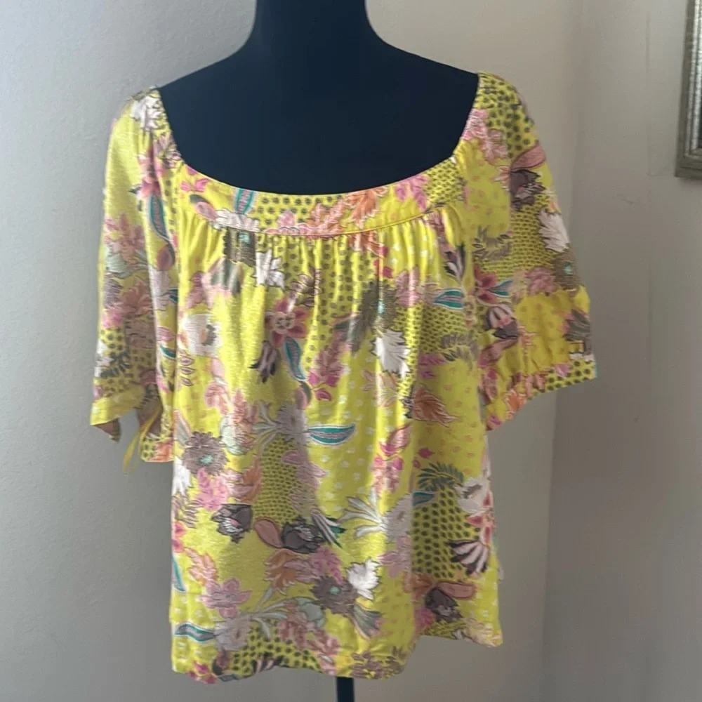 LOFT Floral Yellow floral patchwork Blouse puff sleeves linen‎ blend top Sz XL